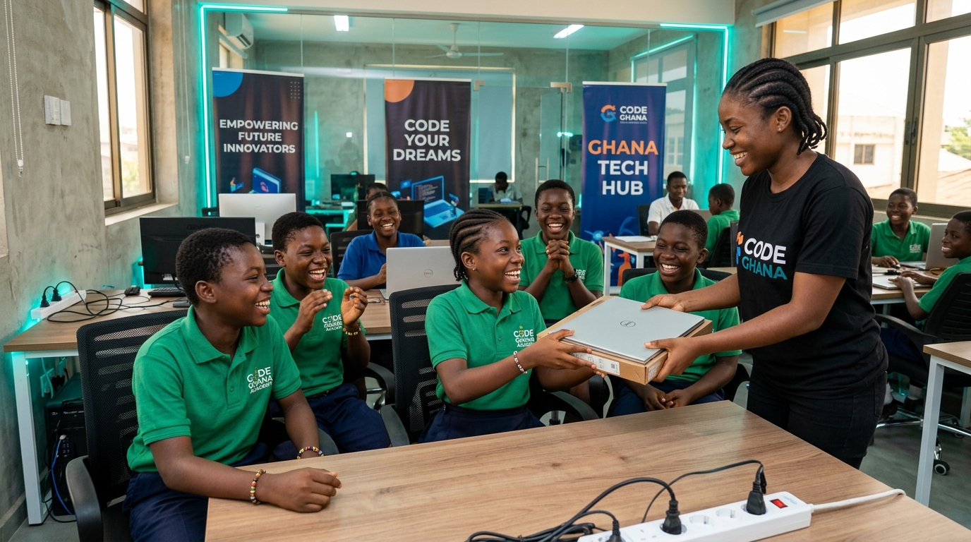 Ghanaian students joyfully receiving laptops in a coding classroom